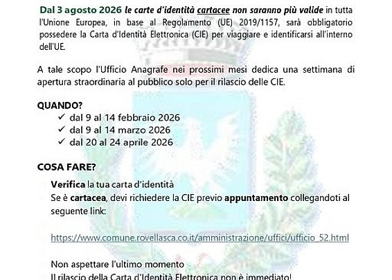Aperture straordinarie Ufficio Anagrafe per rilascio CIE