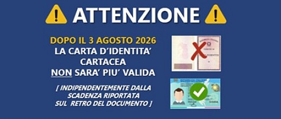 Avviso cessazione validità delle carte d’identità cartacee dopo il 3 agosto 2026