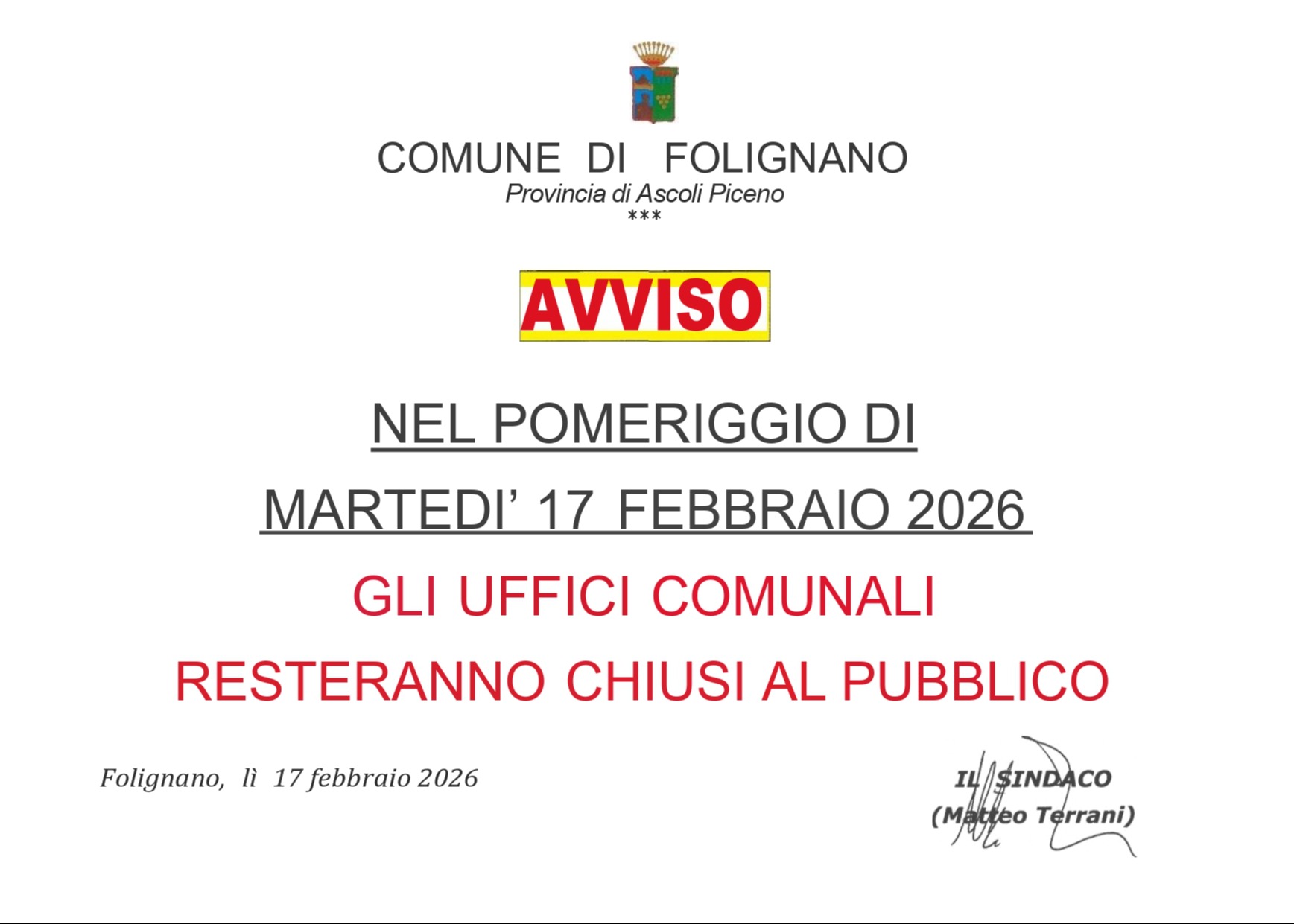 CHIUSURA UFFICI COMUNALI POMERIGGIO DEL 17 FEBBRAIO 2026