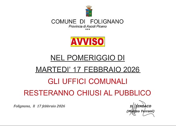 CHIUSURA UFFICI COMUNALI POMERIGGIO DEL 17 FEBBRAIO 2026