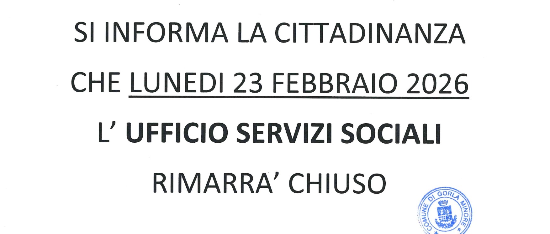 Avviso chiusura Ufficio Servizi Sociali