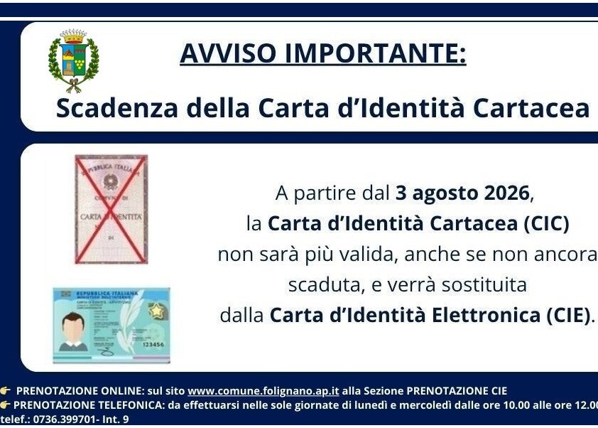 SCADENZA CARTA DI IDENTITA' CARTACEA A DECORRERE DAL 3 AGOSTO 2026
