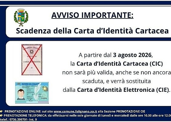 SCADENZA CARTA DI IDENTITA' CARTACEA A DECORRERE DAL 3 AGOSTO 2026