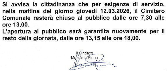 Chiusura cimitero comunale - Giovedì 12 marzo 2026, dalle 7.30 alle 13.00