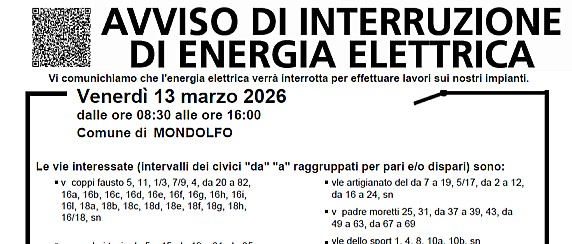 Avviso di interruzione di energia elettrica il giorno Venerdì 13.03.2026 dalle ore 08.30 alle ore 16.00