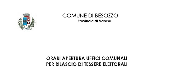 Orari apertura uffici comunali per rilascio di tessere elettorali