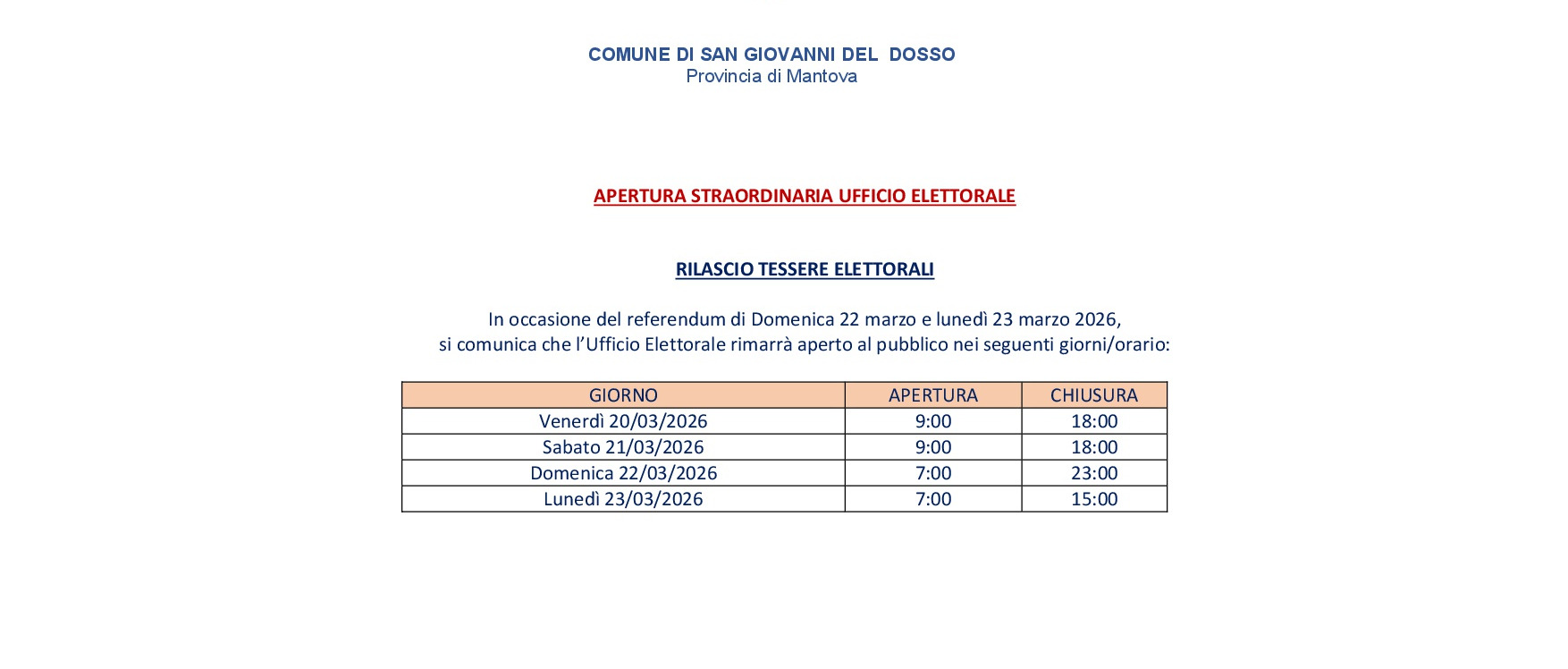 Apertura straordinaria ufficio elettorale