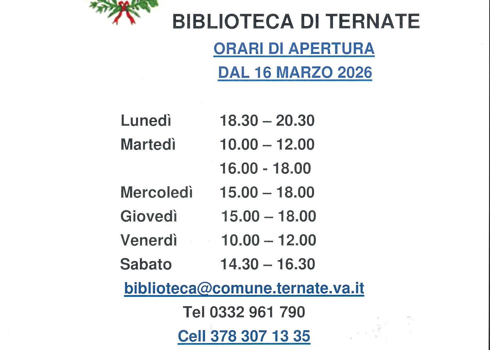 Biblioteca comunale - nuovi orari di apertura dal 16 marzo 2026