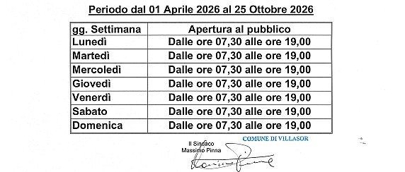Cimitero comunale - Orari di apertura al pubblico dal 01 Aprile 2026 al 25 Ottobre 2026