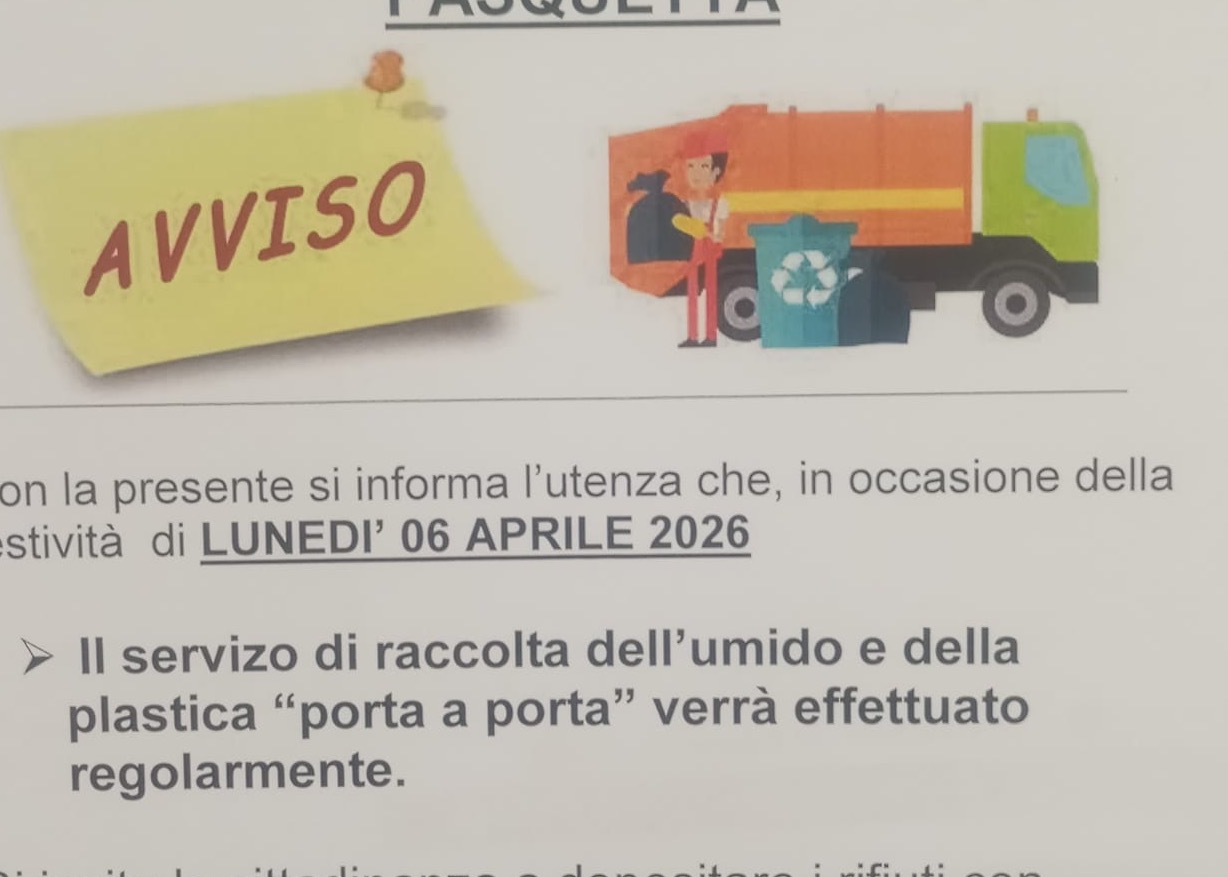 AVVISO: RACCOLTA RIFIUTI IN OCCASIONE DELLA FESTIVITÀ DI PASQUETTA