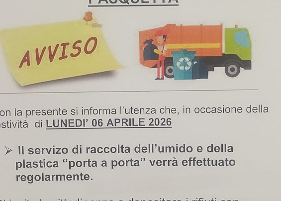 AVVISO: RACCOLTA RIFIUTI IN OCCASIONE DELLA FESTIVITÀ DI PASQUETTA