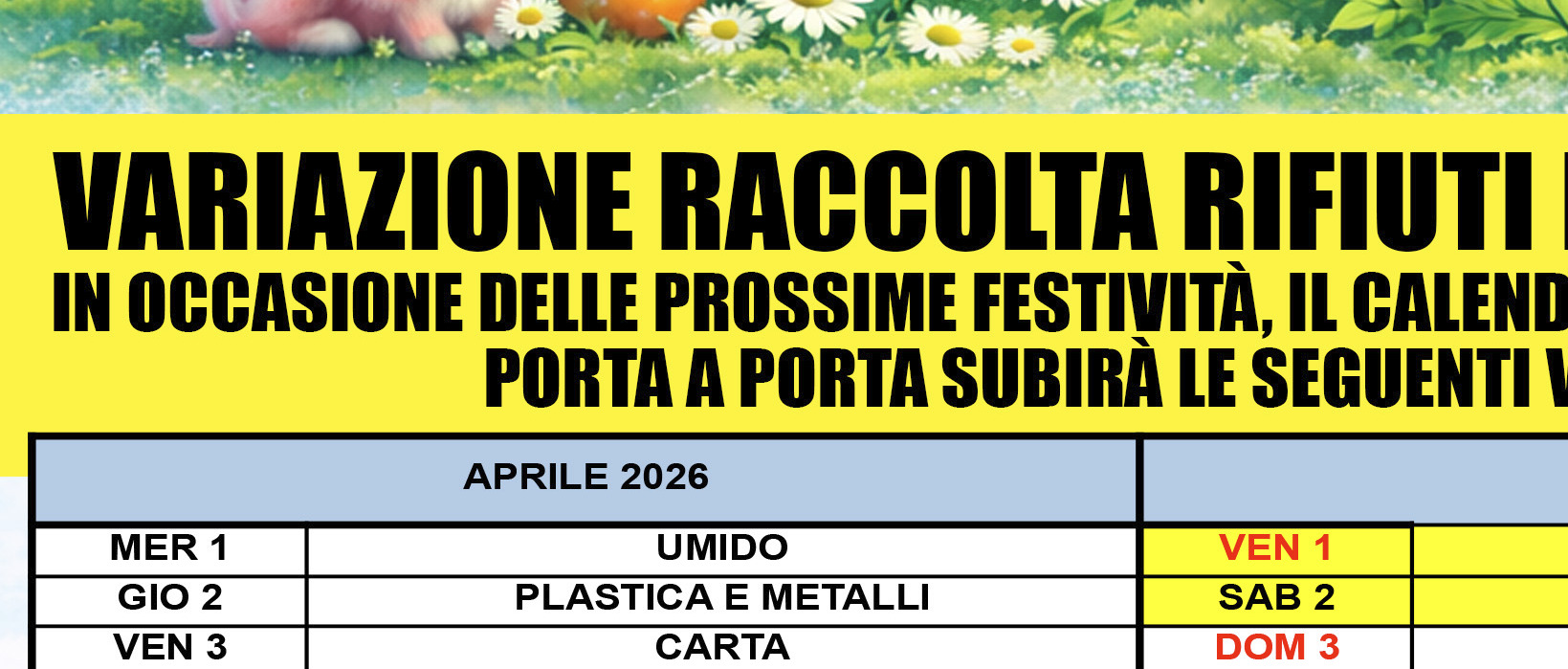 Raccolta differenziata - Variazione raccolta prossime festività aprile/maggio 2026