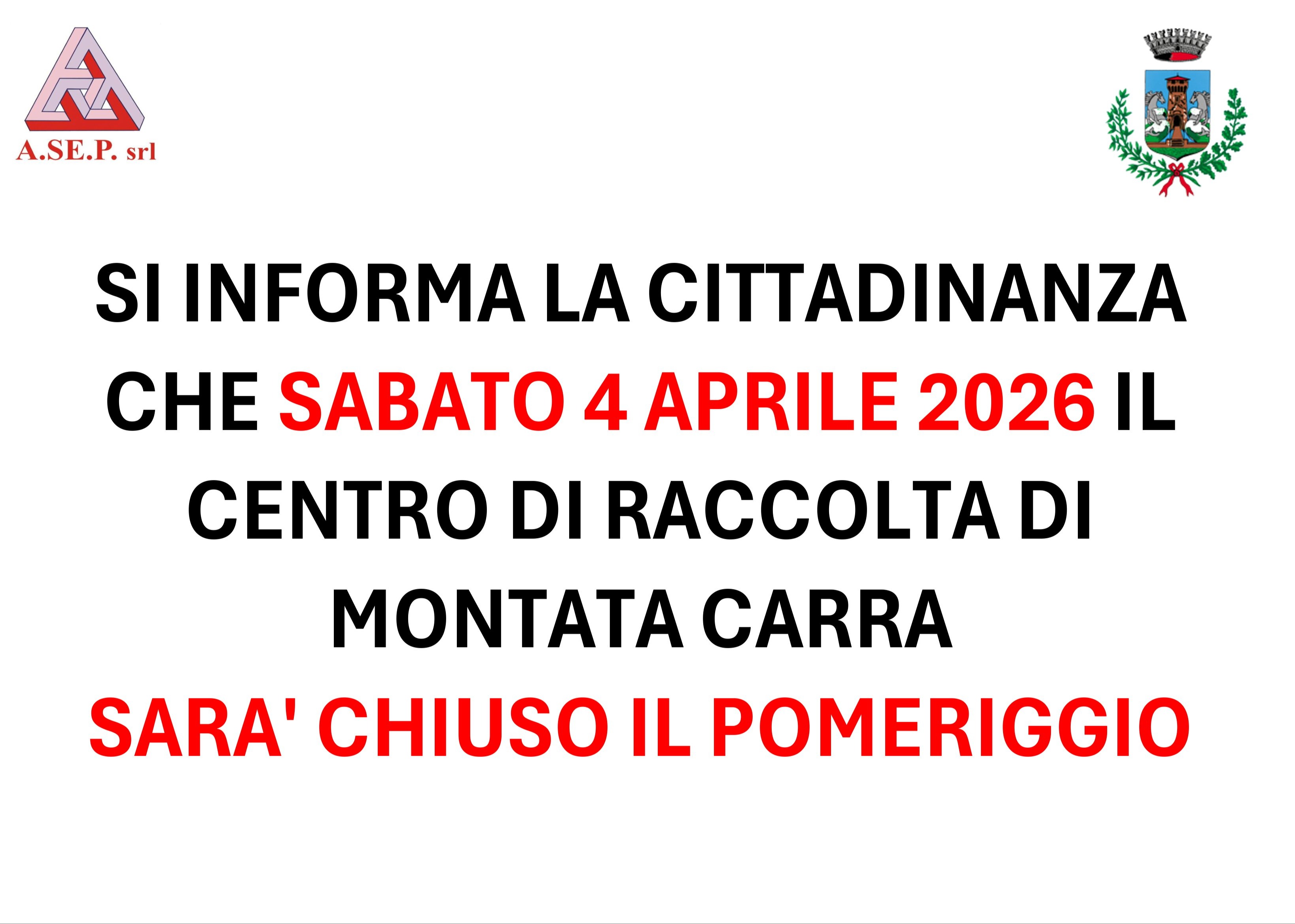 Chiusura Centro di Raccolta: sabato 4 aprile 2026