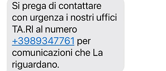 Si informa la cittadinanza che sono stati segnalati messaggi SMS fraudolenti che notificano presunte irregolarità o mancati pagamenti della TARI.