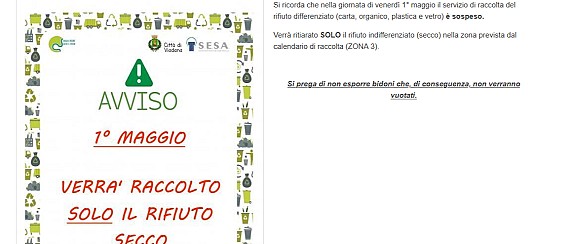 Servizio di raccolta rifiuti del 1° Maggio 2026