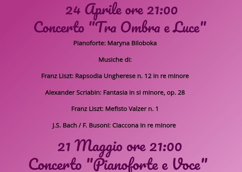 Concerto "Tra ombra e Luce" 21 maggio ore 21:00 i dettagli nel volantino allegato ingresso gratuito