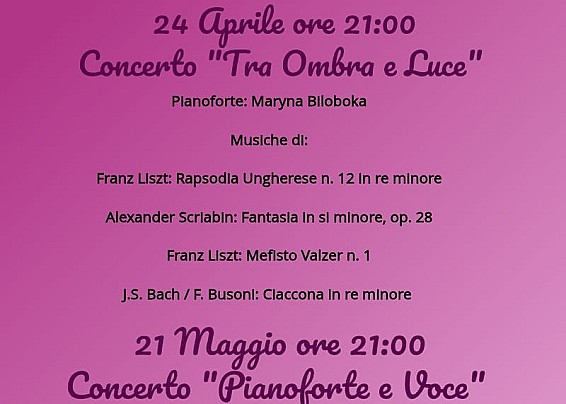 Concerto "Tra ombra e Luce" 21 maggio ore 21:00 i dettagli nel volantino allegato ingresso gratuito