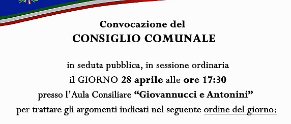 28 aprile: Convocazione ordinaria del Consiglio Comunale