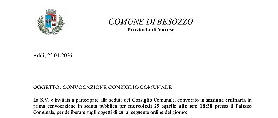 Convocazione Consiglio Comunale - 29 aprile 2026