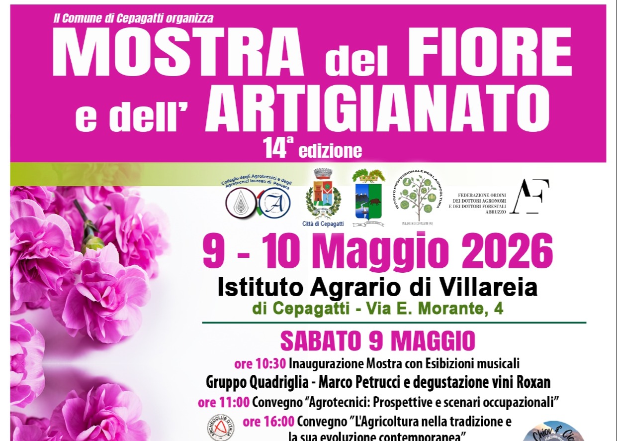 TORNA LA MOSTRA DEL FIORE E DELL'ARTIGIANATO PRESSO L'ISTITUTO AGRARIO DI VILLAREIA DI CEPAGATTI. SCOPRI IL PROGRAMMA IN LOCANDINA.  IL SINDACO GINO CANTò IL VICESINDACO ANNALISA PALOZZO