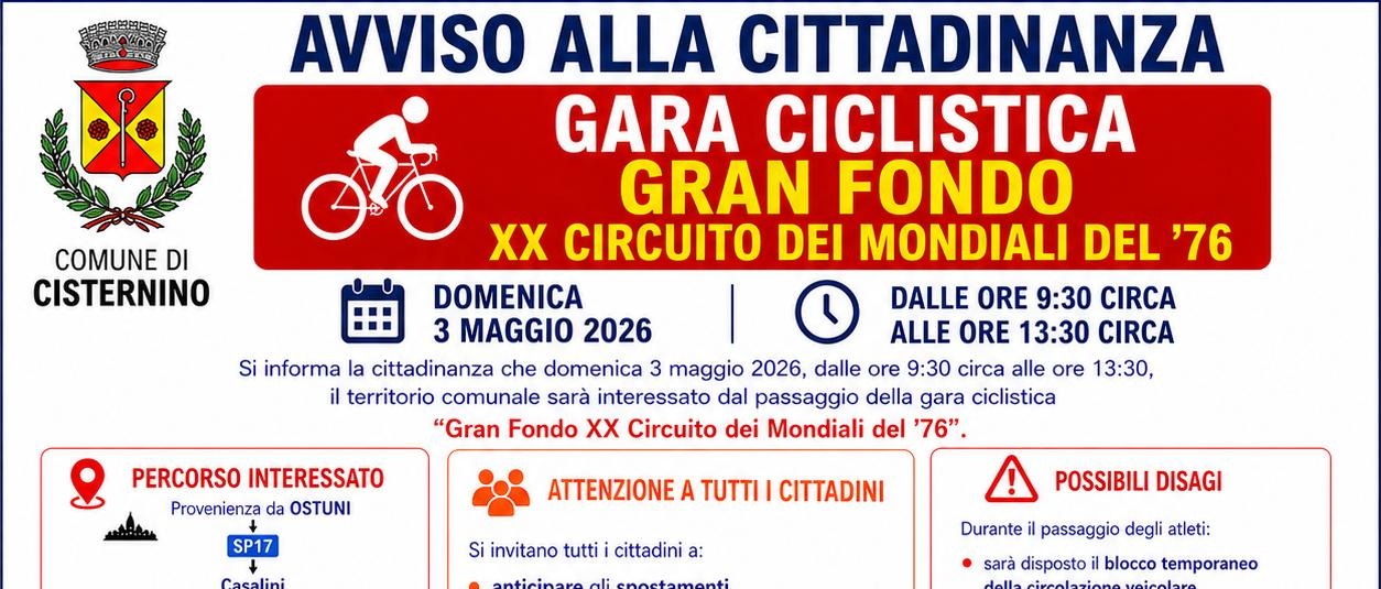 Gara ciclistica “Gran Fondo – XX Circuito dei Mondiali del ’76” - DOMENICA 3 MAGGIO 2026