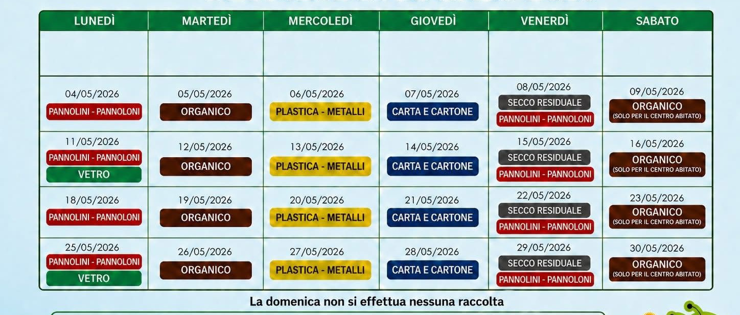Calendario raccolta rifiuti dal 4 maggio 2026