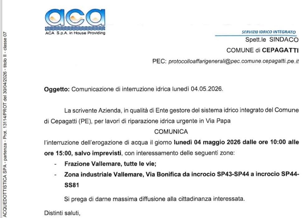Avviso ACA INTERRUZIONE IDRICA per il giorno di lunedì 4 maggio in VALLEMARE, TUTTE LE VIE E LA ZONA INDUSTRIALE DI VIA BONIFICA sp43 44 e incrocio SS81