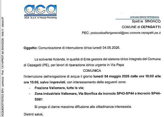 Avviso ACA INTERRUZIONE IDRICA per il giorno di lunedì 4 maggio in VALLEMARE, TUTTE LE VIE E LA ZONA INDUSTRIALE DI VIA BONIFICA sp43 44 e incrocio SS81