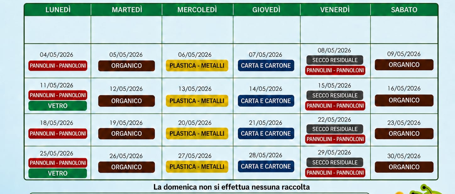Calendario raccolta rifiuti dal 4 maggio 2026
