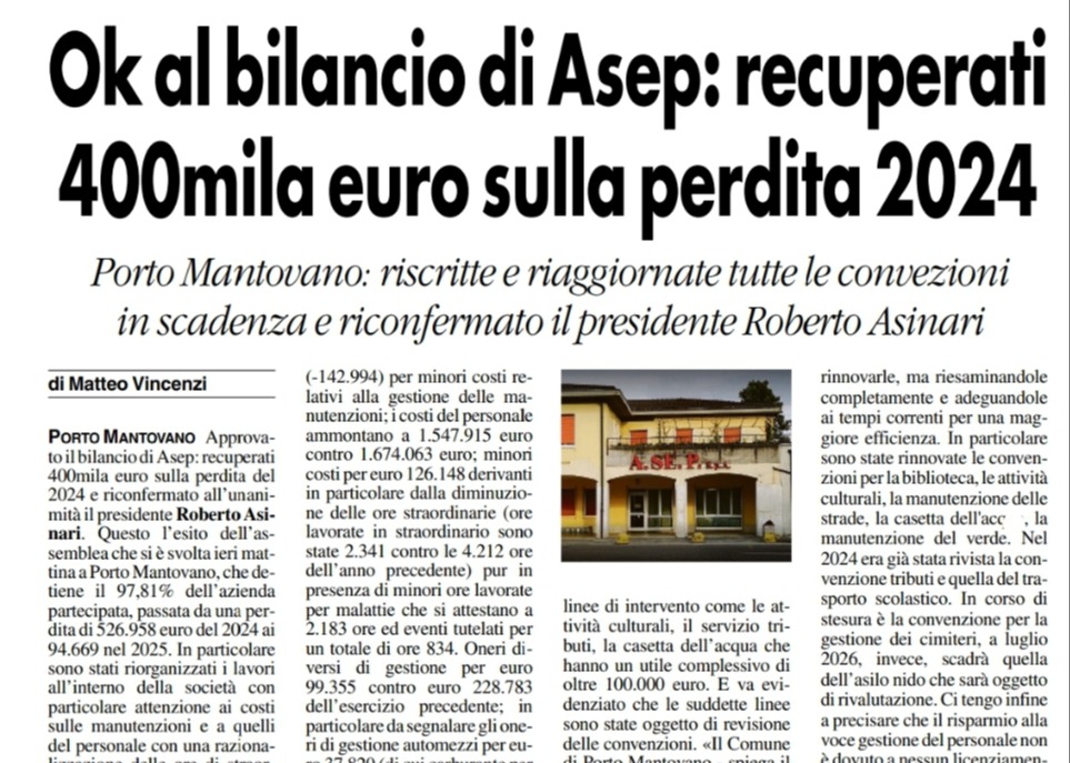 Ok al bilancio di Asep: recuperati 400mila euro sulla perdita 2024