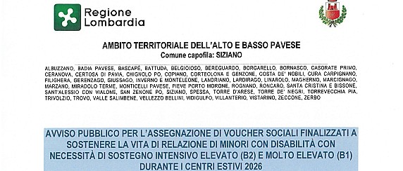 Avviso pubblico per l'assegnazione di voucher sociali finalizzati a sostenere la vita di relazione di minori con disabilità con necessità di sostegno intensivo elevato (B2) e molto elevato (B1) durante i centri estivi 2026