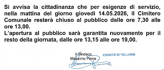 Chiusura cimitero comunale - Giovedì 14 maggio 2026, dalle 7.30 alle 13.00