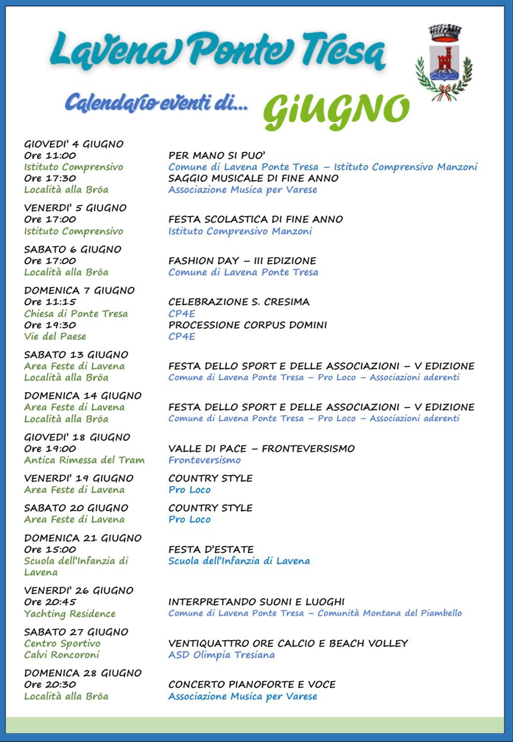 Calendario eventi giugno