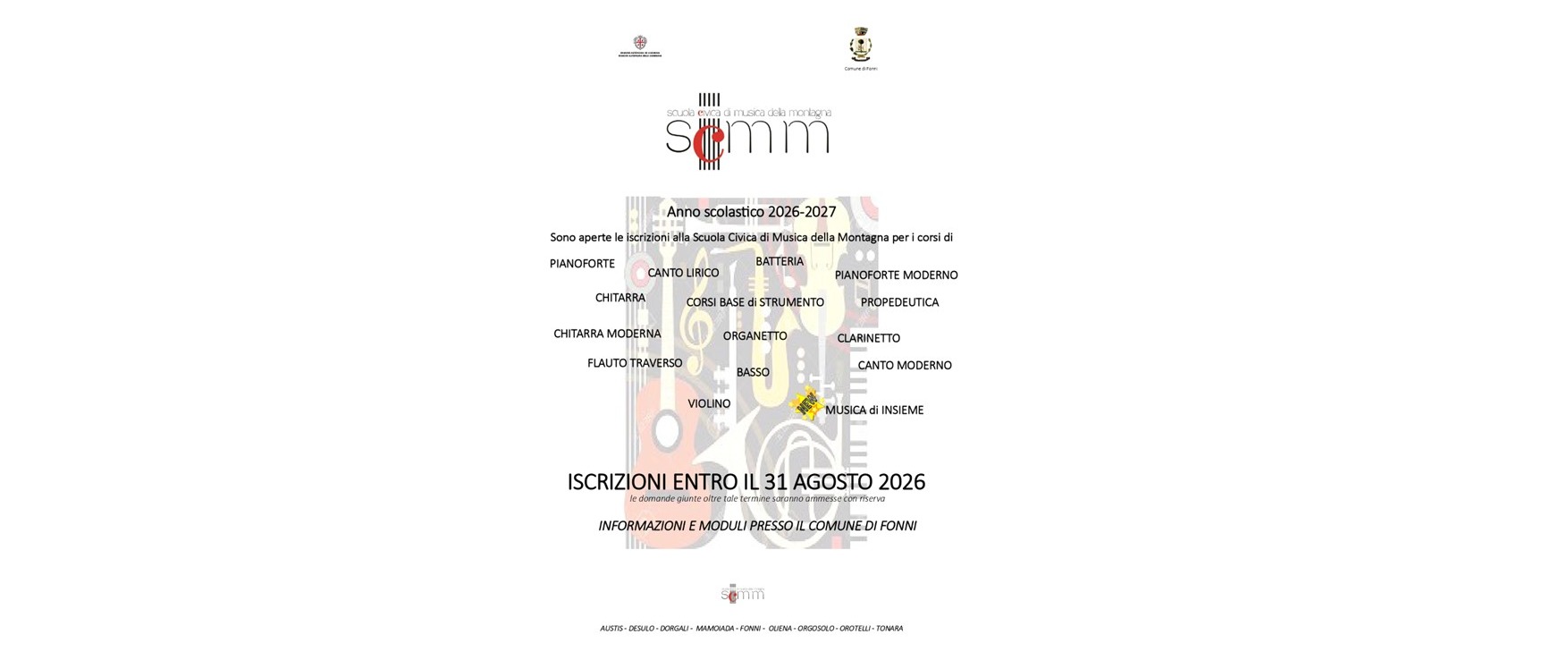 Iscrizioni alla Scuola Civica di Musica della Montagna – Anno Scolastico 2026/2027