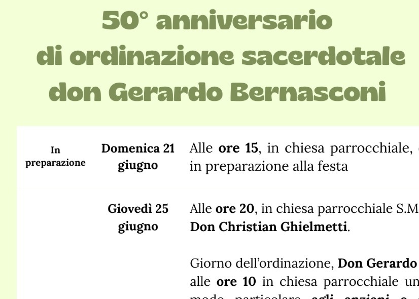 50° ANNIVERSARIO DI ORDINAZIONE SACERDOTALE DON GERARDO BERNASCONI