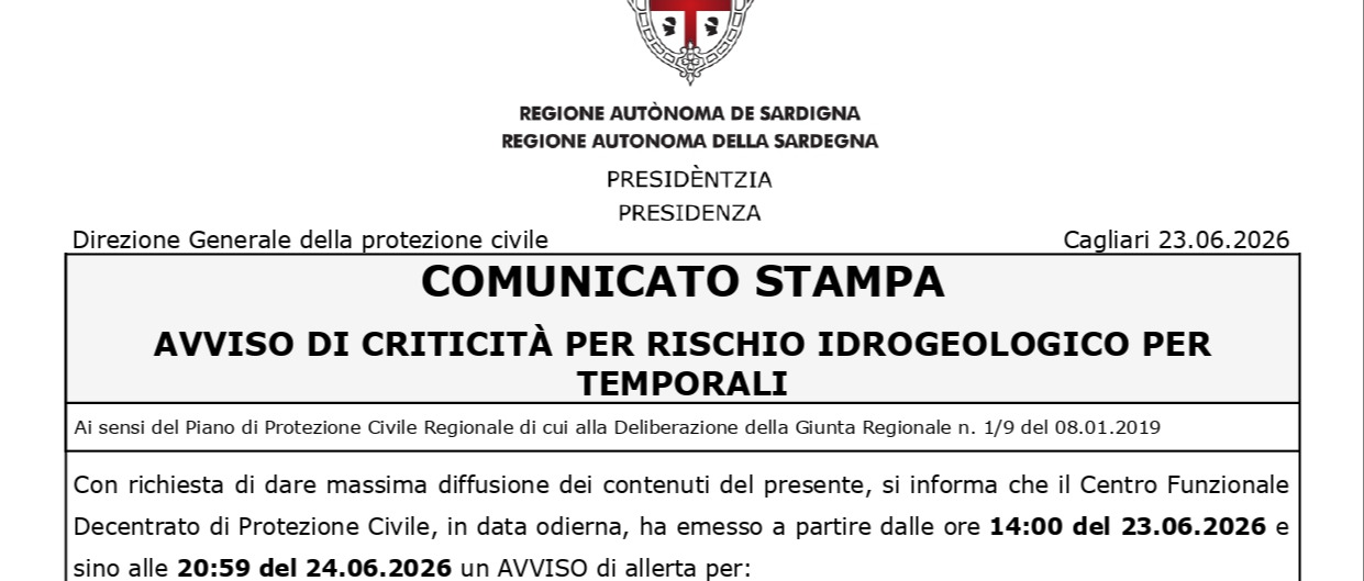 Avviso di criticità per rischio idrogeologico per temporali e bollettino di criticità regionale.