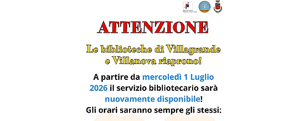 Riapertura biblioteche comunali di Villagrande e della frazione Villanova.