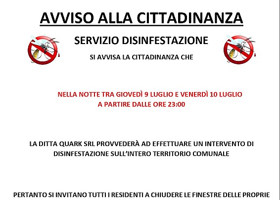AVVISO DISINFESTAZIONE NELLA NOTTE TRA GIOVEDÌ 9 LUGLIO E VENERDÌ 10 LUGLIO A PARTIRE DALLE ORE 23:00