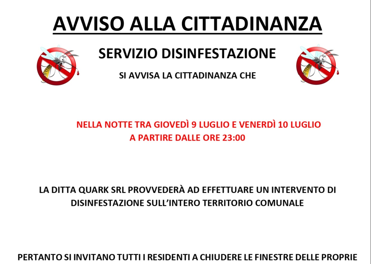 AVVISO DISINFESTAZIONE NELLA NOTTE TRA GIOVEDÌ 9 LUGLIO E VENERDÌ 10 LUGLIO A PARTIRE DALLE ORE 23:00