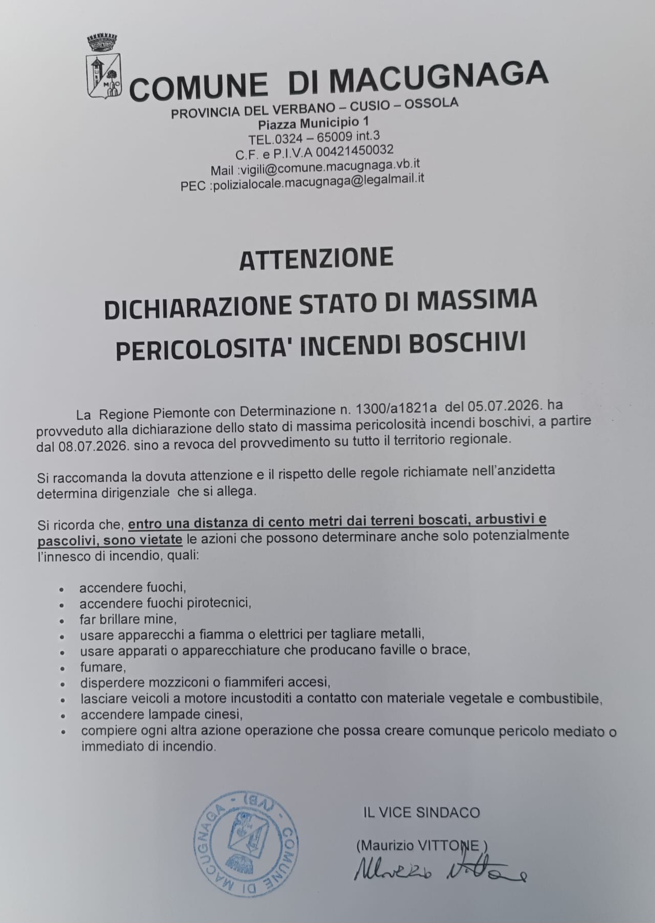Avviso pericolo incendi boschivi Comune di Macugnaga