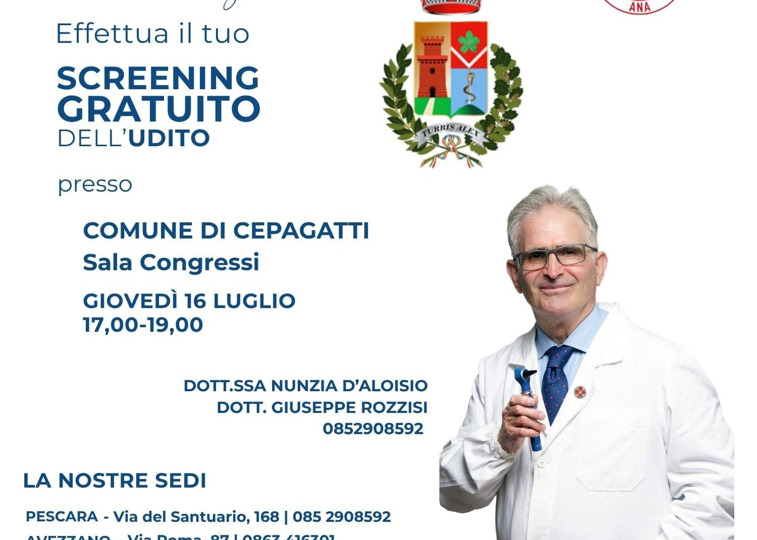 SCREENING GRATUITO DELL'UDITO - Giovedì 16 Luglio ore 17:00-19:00 Sala Congressi del Comune di Cepagatti. I dettagli nel volantino allegato