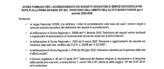 Avviso pubblico per l'accreditamento dei soggetti erogatori di servizi socioeducativi rivolti alla prima infanzia siti nel territorio dell'Ambito dell'Alto e Basso Pavese per il periodo 2026-2029