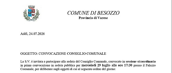 Convocazione Consiglio Comunale -  29 luglio alle ore 17:30