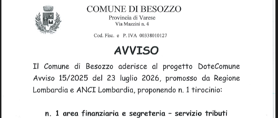 AVVISO ATTIVAZIONE N.1 TIROCINIO AREA FINANZIARIA E SEGRETERIA - SERVIZIO TRIBUTI
