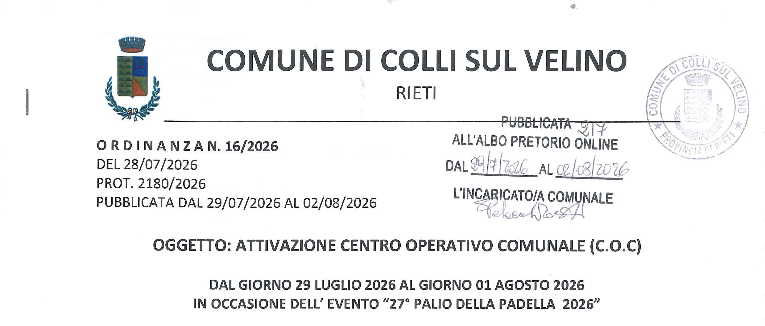 ORDINANZA N.16 -  PROT.2180/2026