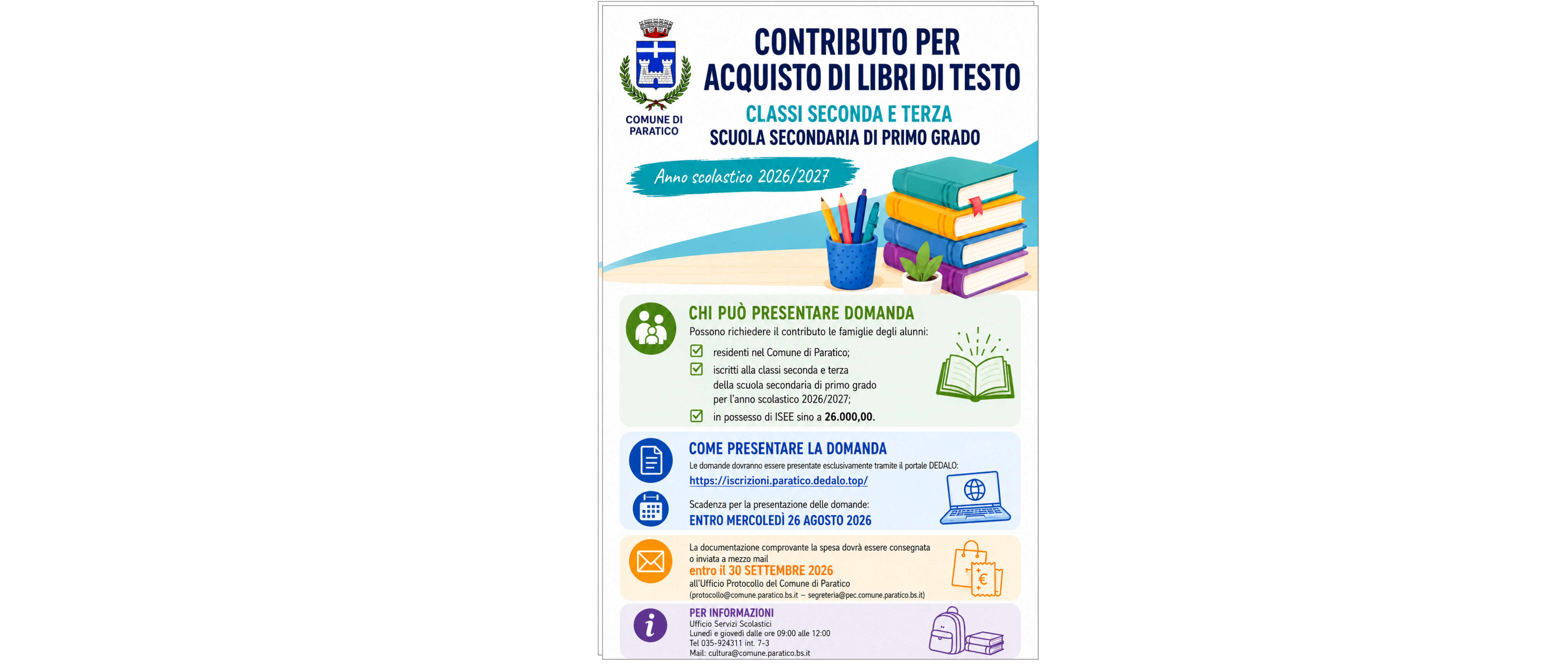 Contributo per acquisto libri di testo: classi II^ e III^ scuola secondaria di primo grado