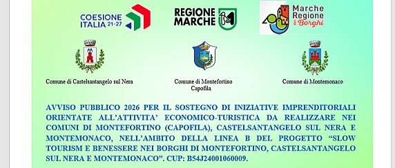 Avviso pubblico 2026 per il sostegno di iniziative imprenditoriali, orientate all'attività economico-turistica, da realizzare nei Comuni di Montefortino (capofila), Castelsantangelo sul Nera e Montemonaco.