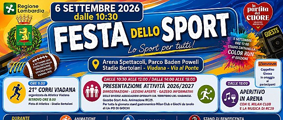 Domenica 6 settembre 2026 - Viadana "Lo Sport per Tutti" la Festa dello Sport 2026 - Via Al Ponte (Parco Baden Powell - Arena Spettacoli - Stadio Bertolani)