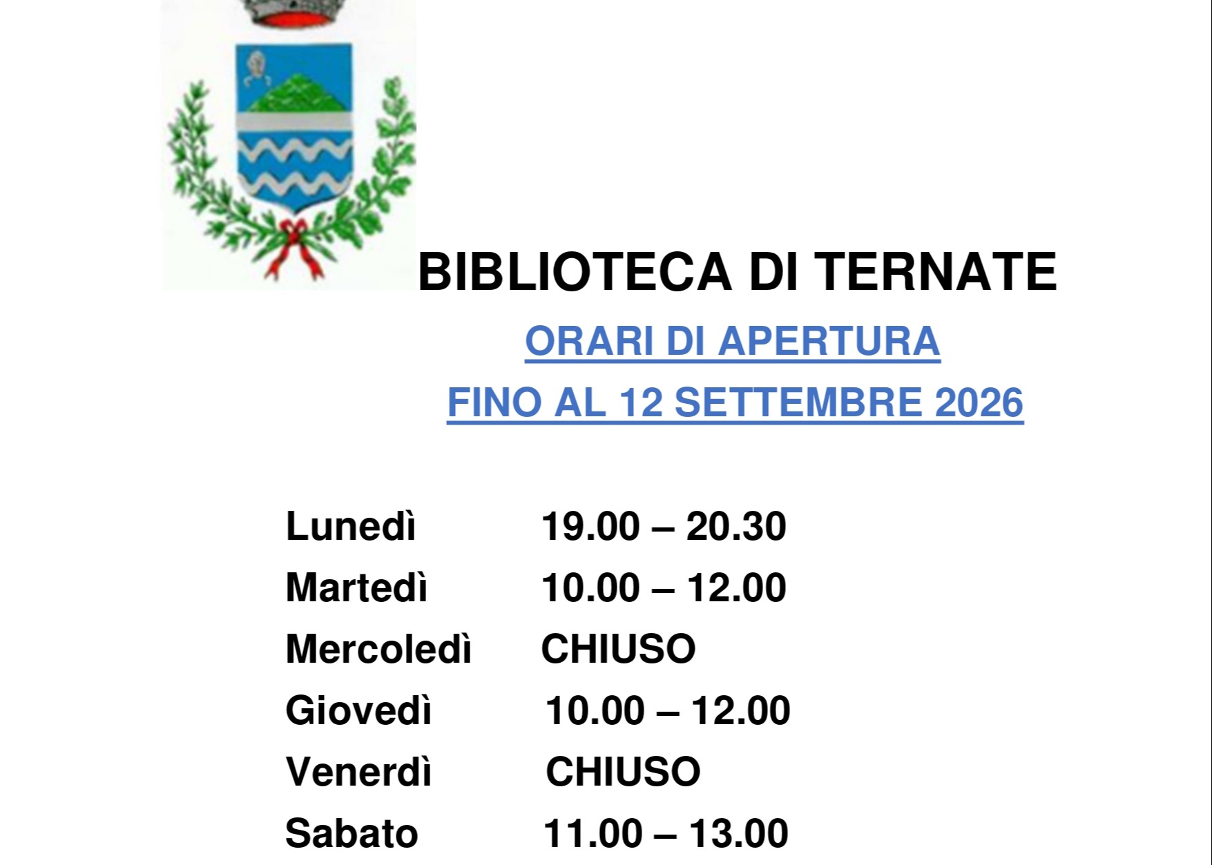 Orario biblioteca comunale fino al 12 settembre