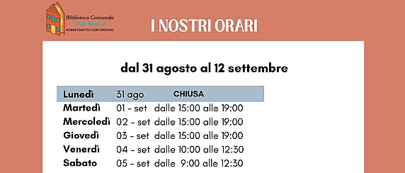 Variazione orario di apertura Biblioteca Alda Merini per l'estate - dal 31 agosto al 12 settembre 2026